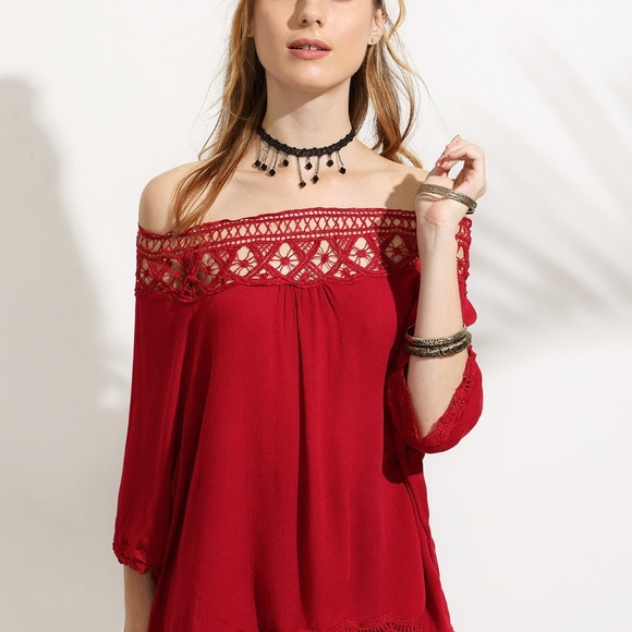Red Bardot Crochet Lace Accent Off Shoulder Top - Picture 2 of 4